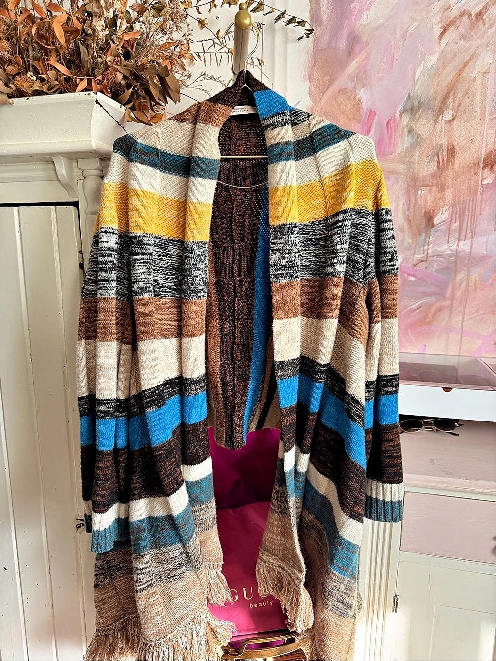 Dorothee Schumacher Striped Fringe Cardigan in Blue & Brown Size 4 Like New